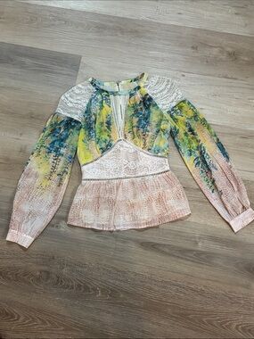 bebe Floral Lace-Inset Long Sleeve Peplum Top - Yellow, Pink & Blue
